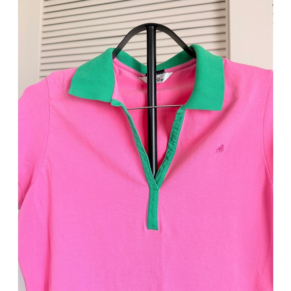 Lilly Pulitzer Shrunken Polo Shirt Pink Green Contrast Collar Palm Tree Size M - Picture 3 of 4